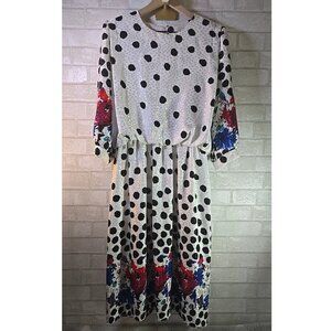 Vintage 80s Retro Susan Page Puff Sleeve Floral Polka Dot Dress Size 16 Elegant